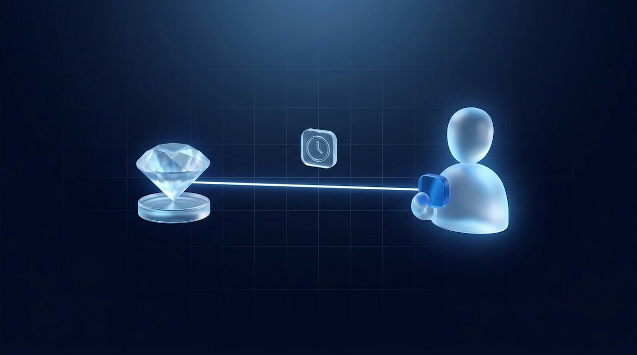 A glass diamond linked by a glowing line to a faceless glass figure holding a blue token, with a clock icon, on dark blue.