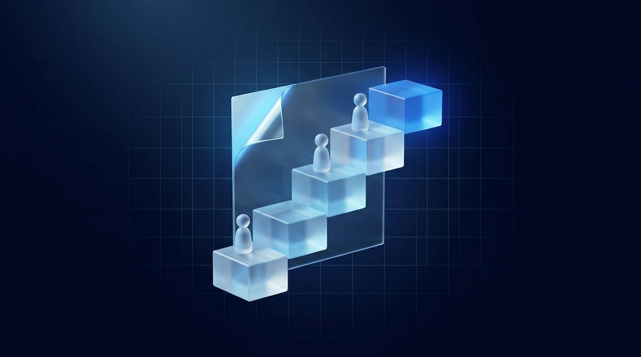 A rising staircase of glass blocks with small glass figures on the steps and a glass sheet peeling back behind it, on dark blue.