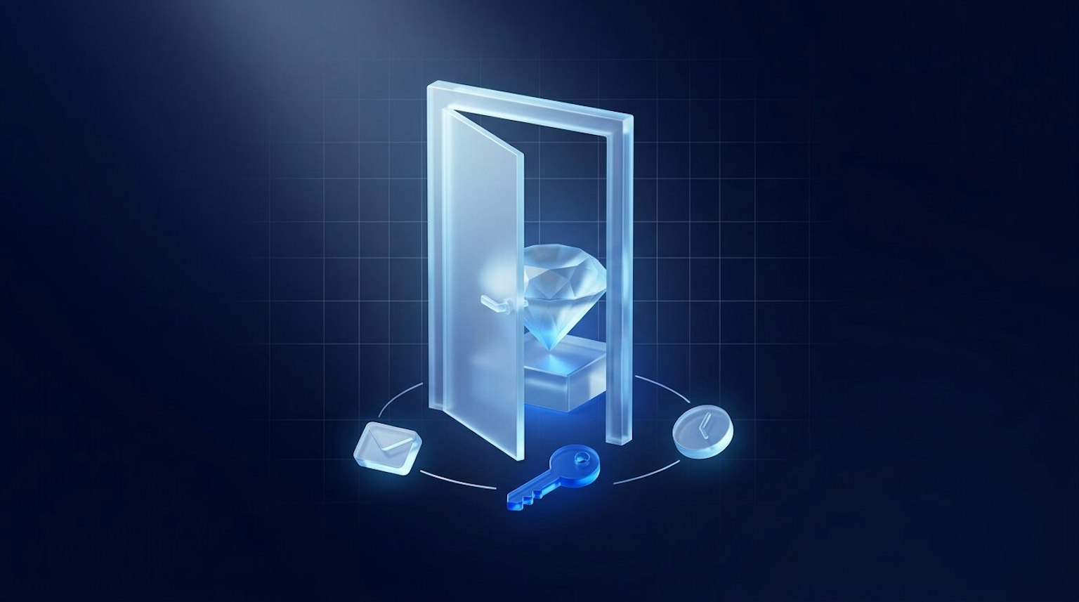 A glass door ajar before a lit glass diamond on a plinth, with a blue glass key, envelope and clock icons, on dark blue.