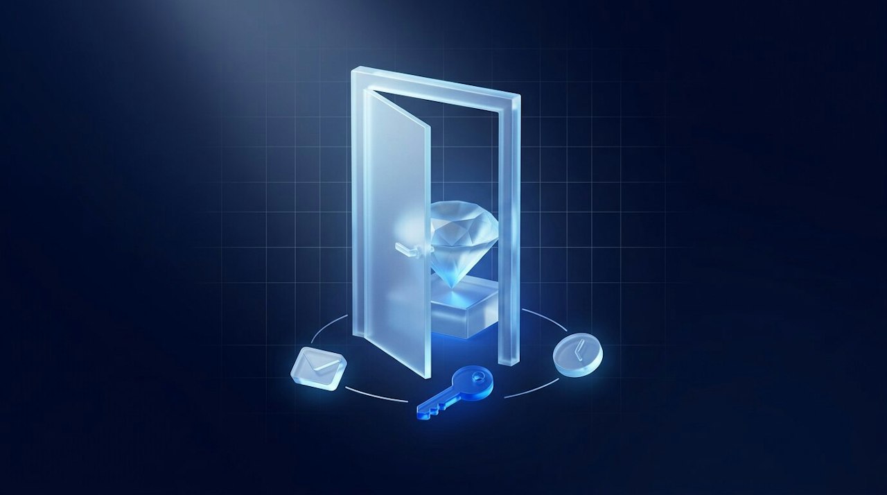 A glass door ajar before a lit glass diamond on a plinth, with a blue glass key, envelope and clock icons, on dark blue.