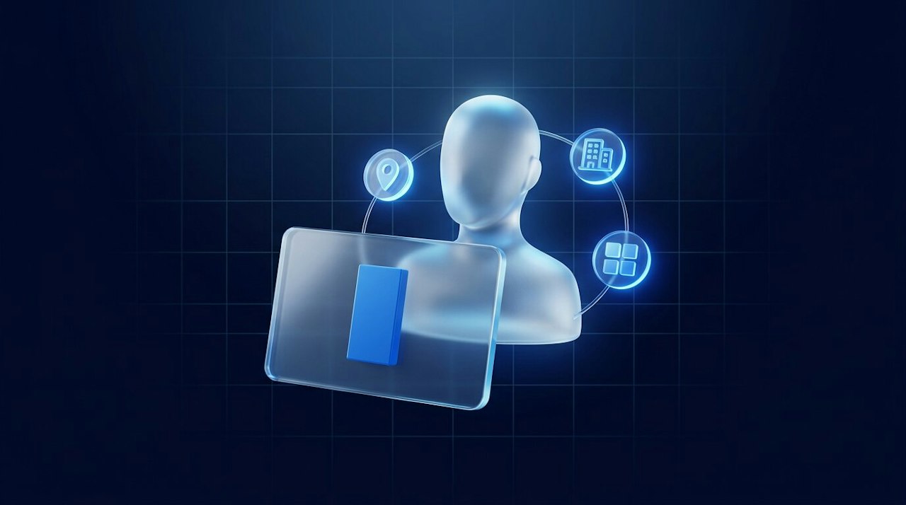 A glass offer card in front of a faceless glass figure, with location, building and grid icons around it, on dark blue.