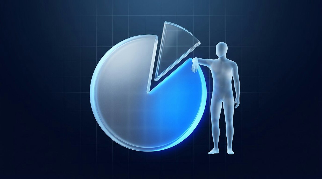 A glass disc with a thin wedge lifted away and the large blue piece kept by a faceless glass figure, on dark blue.