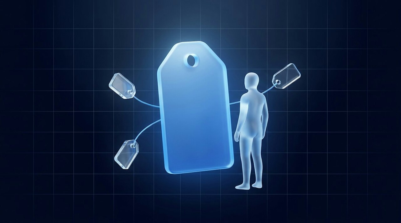 A large blue glass price tag with a faceless glass figure beside it and three small glass tags linked to it, on dark blue.
