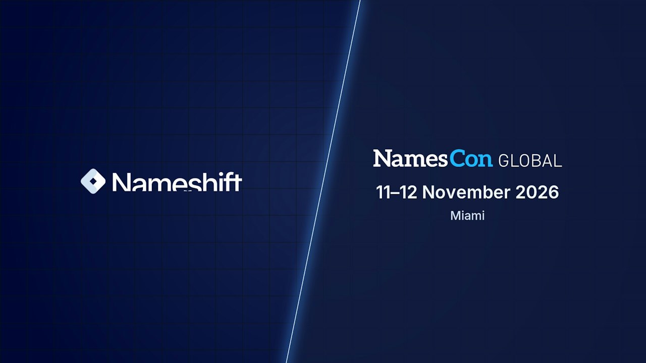 Nameshift and NamesCon Global logos with the dates 11–12 November 2026, Miami.