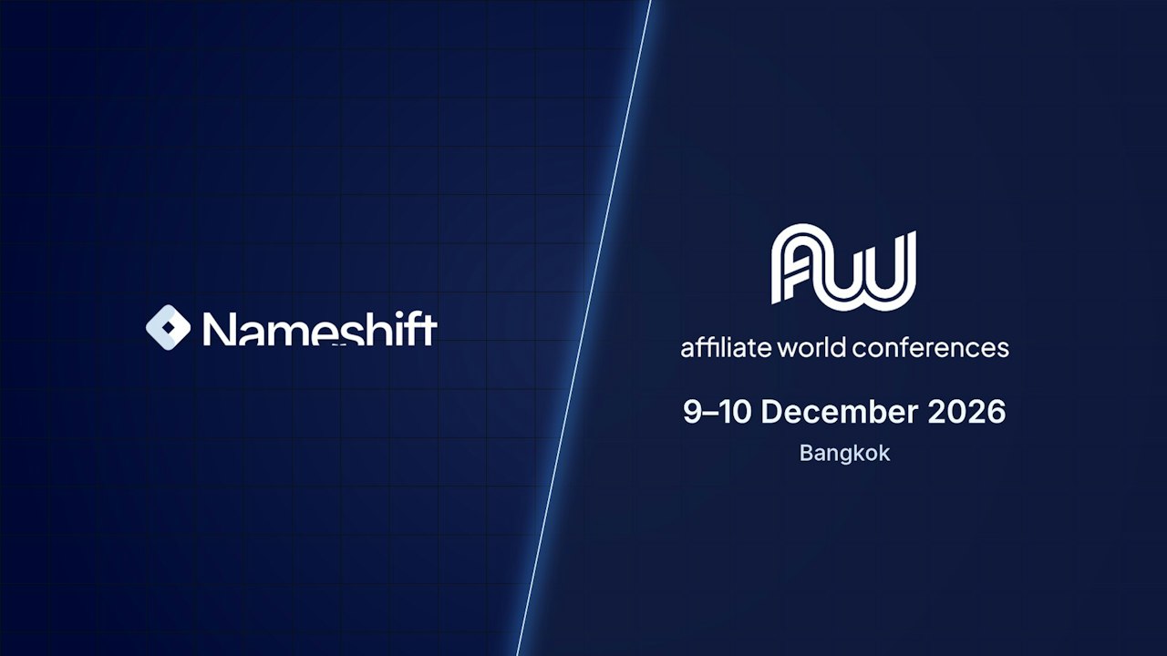 Nameshift and Affiliate World Conferences logos with the dates 9–10 December 2026, Bangkok.