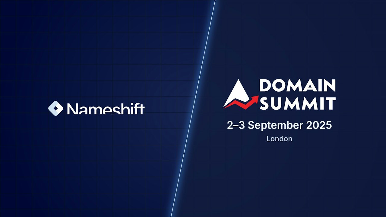 Nameshift and Domain Summit logos with the dates 2–3 September 2025, London.